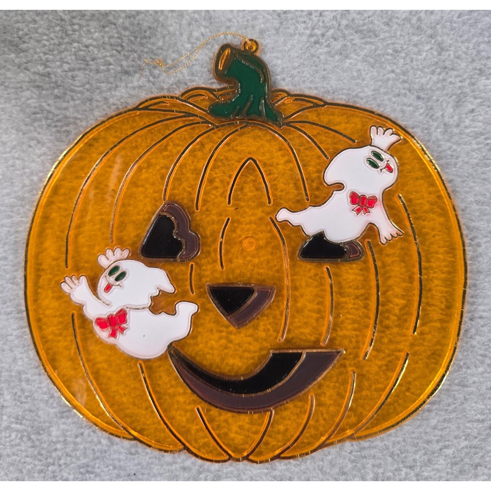 Vintage 90s Suncatcher Orange Halloween Pumpkin Ghost Decor Jack O'Lantern Spook